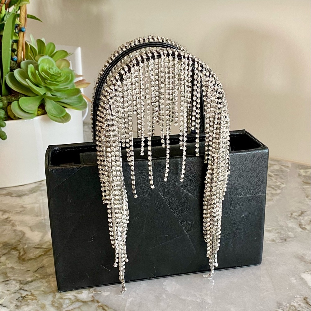 KARA New York Black Napa Leather Crystal Fringe Handbag